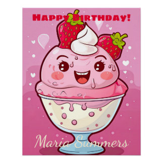 Happy Birthday Sorbet Ice-cream Kawaii Cartoon  Poster