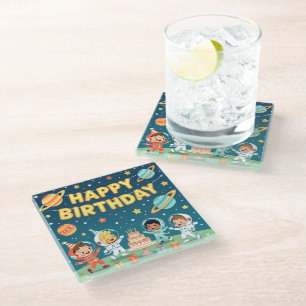 Happy birthday space theme glass coaster