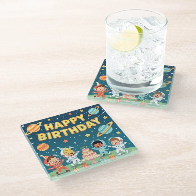Happy birthday space theme glass coaster (Angled)