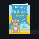 Happy Birthday special Grandson teddy bear blue Card<br><div class="desc">Personalize this Happy Birthday Card for a special Grandson.
Designed in blue,  yellow and brown,  with a cute teddy bear.
Add a name and your message.
Happy Birthday
With Love</div>