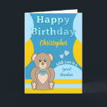 Happy Birthday special Grandson teddy bear blue Card<br><div class="desc">Personalize this Happy Birthday Card for a special Grandson.
Designed in blue,  yellow and brown,  with a cute teddy bear.
Add a name and your message.
Happy Birthday
With Love</div>