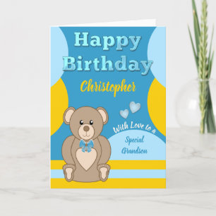 Happy Birthday special Grandson teddy bear blue Card