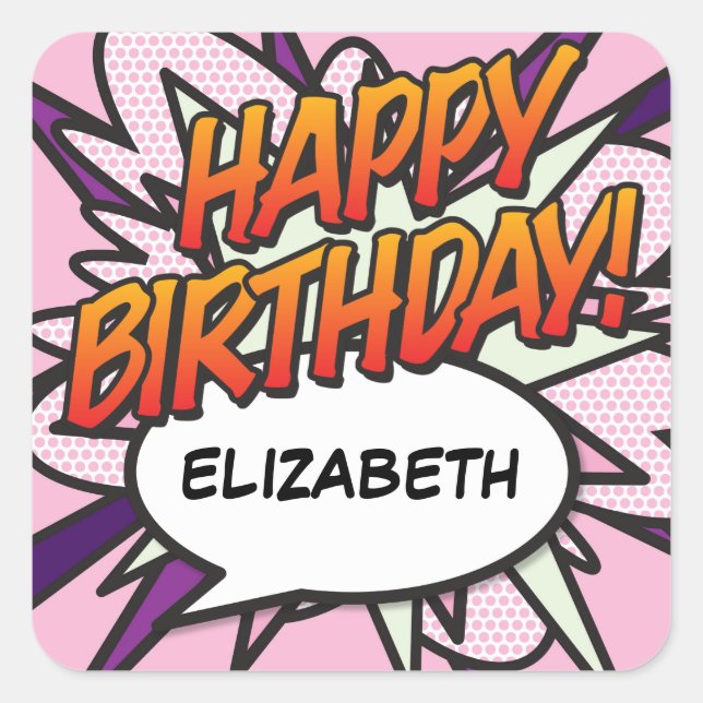 HAPPY BIRTHDAY Speech Bubble Fun Retro Comic Book Square Sticker (Front)