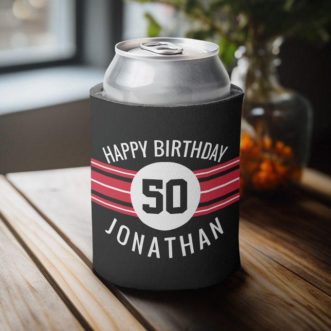 Happy Birthday Sports Jersey Stripes Name and Age Can Cooler (Personalized Can Cooler - add Your Name or Other Custom Text)