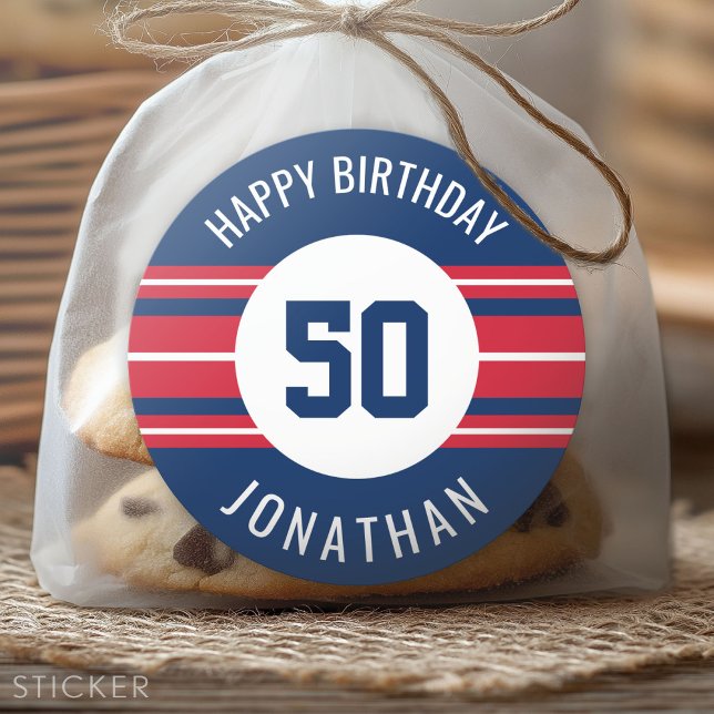 Happy Birthday Sports Jersey Stripes Name and Age Classic Round Sticker (Custom Sticker for Party Favors and Envelopes)