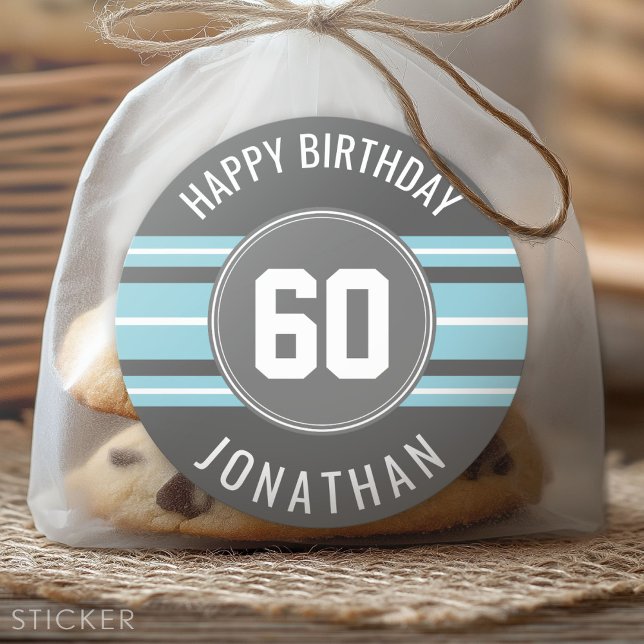 Happy Birthday Sports Jersey Stripes Name and Age Classic Round Sticker (Custom Sticker)