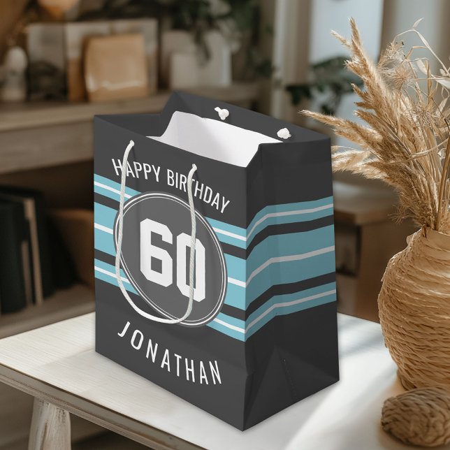 Happy Birthday Sports Jersey Stripes Name and Age Medium Gift Bag (Custom Gift Bag)