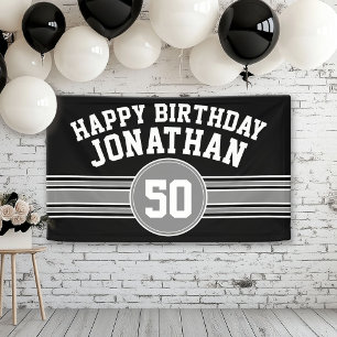 Happy Birthday Sports Stripes Age Black Silver Banner
