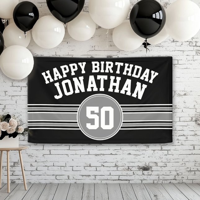 Happy Birthday Sports Stripes Age Black Silver Banner (Custom Birthday Banner)