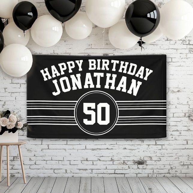 Happy Birthday Sports Stripes Age Black White Banner (Custom Birthday Banner)