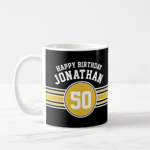 Happy Birthday Sports Stripes with Age Gold Black Coffee Mug