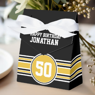 Happy Birthday Sports Stripes with Age Gold Black Favour Box