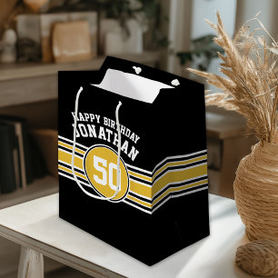 Happy Birthday Sports Stripes with Age Gold Black Medium Gift Bag