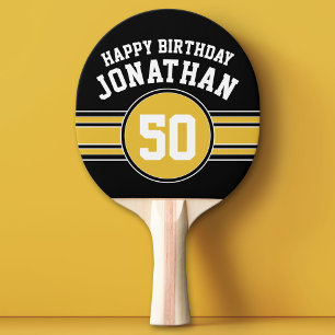 Happy Birthday Sports Stripes with Age Gold Black Ping Pong Paddle