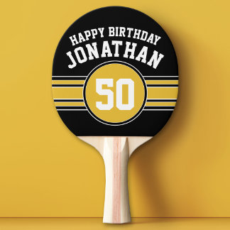Happy Birthday Sports Stripes with Age Gold Black Ping Pong Paddle