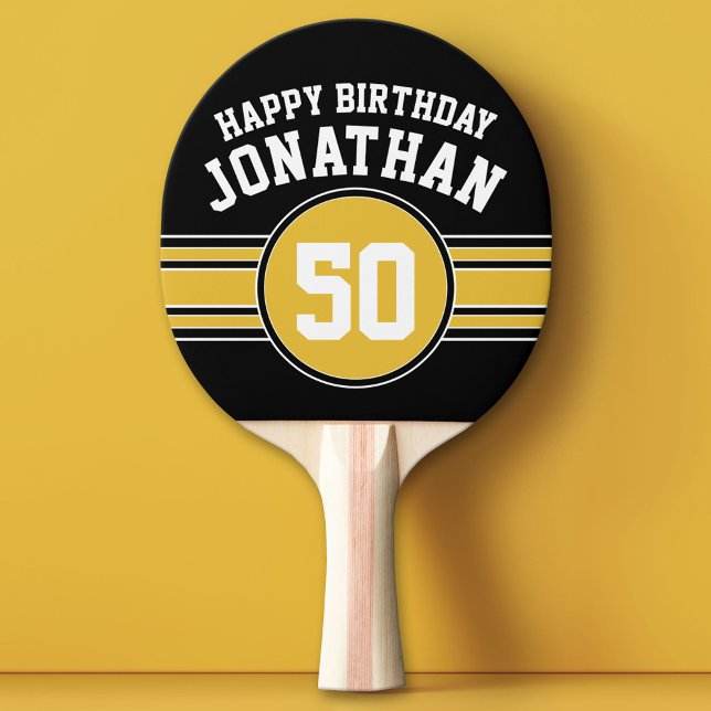 Happy Birthday Sports Stripes with Age Gold Black Ping Pong Paddle (Custom Ping Pong Paddle with a Sports Theme)