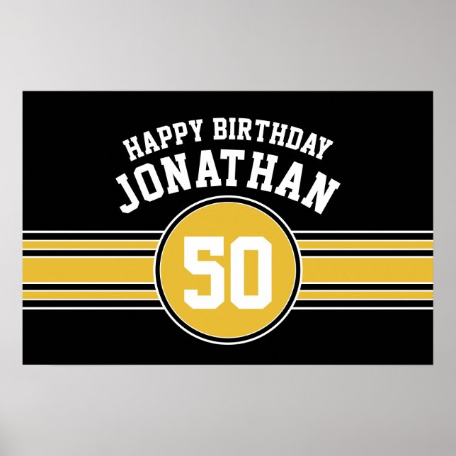 Happy Birthday Sports Stripes with Age Gold Black Poster (Front)