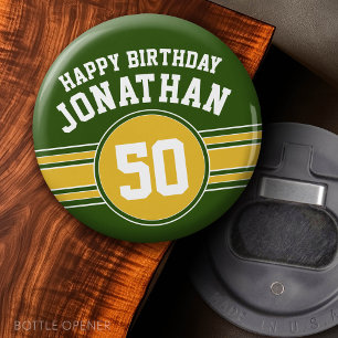 Happy Birthday Sports Stripes with Age Gold Green Bottle Opener