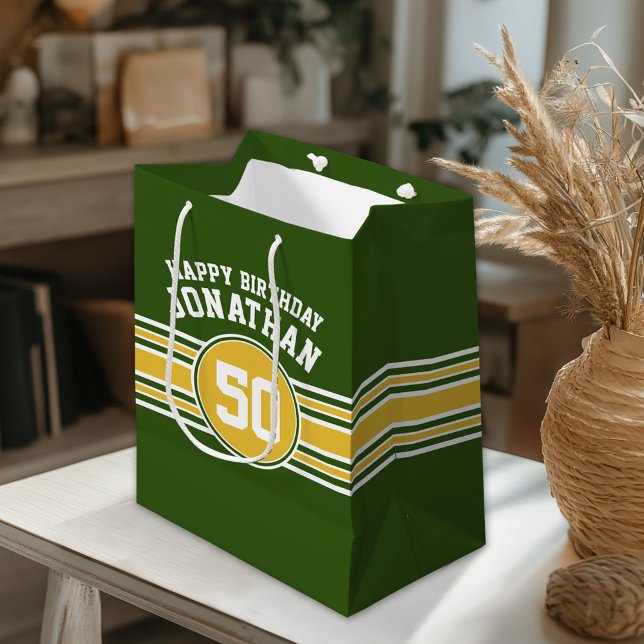 Happy Birthday Sports Stripes with Age Gold Green Medium Gift Bag (Custom Gift Bag)