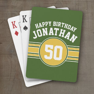 Happy Birthday Sports Stripes with Age Gold Green Playing Cards