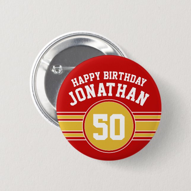 Happy Birthday Sports Stripes with Age Gold Red 6 Cm Round Badge (Front & Back)
