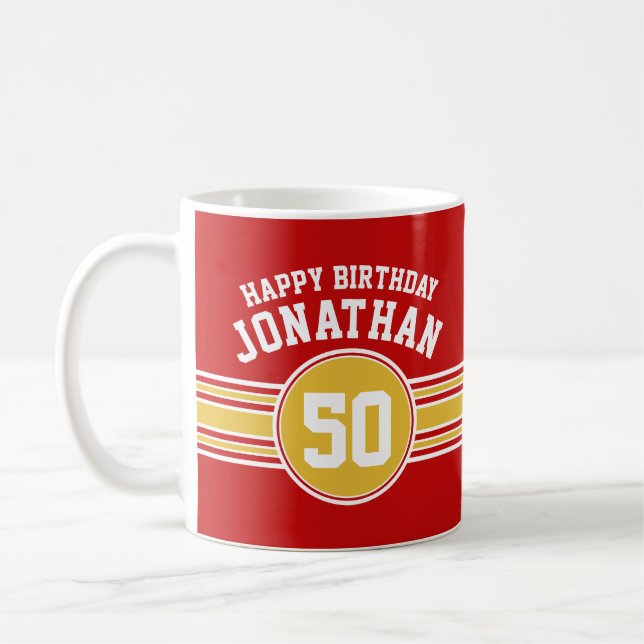 Happy Birthday Sports Stripes with Age Gold Red Coffee Mug (Left)