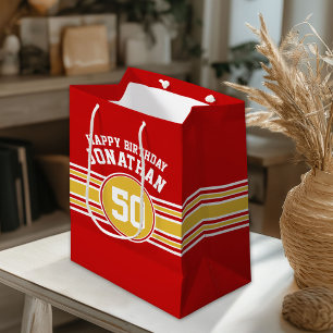 Happy Birthday Sports Stripes with Age Gold Red Medium Gift Bag