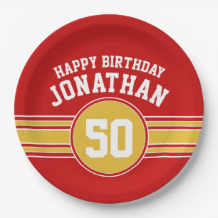 Happy Birthday Sports Stripes with Age Gold Red Paper Plate