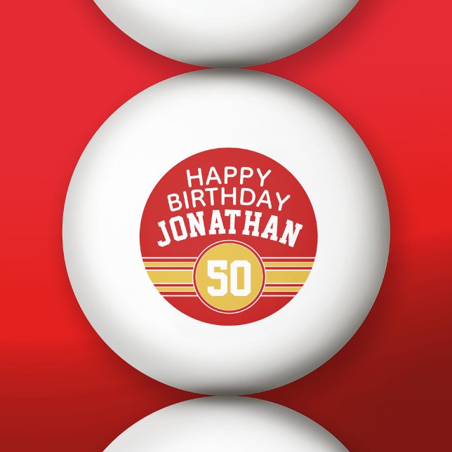 Happy Birthday Sports Stripes with Age Gold Red Ping Pong Ball (Custom Ping Pong Balls)