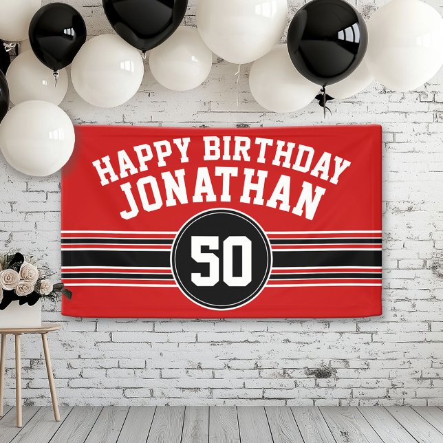 Happy Birthday Sports Stripes with Age - Red Black Banner (Custom Birthday Banner)