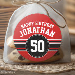 Happy Birthday Sports Stripes with Age - Red Black Classic Round Sticker<br><div class="desc">Red, White and Black - This sporty and racing stripes design is perfect for any athlete playing hockey, football, soccer or baseball. You change the numbers to your lucky number or even a special age for a birthday celebration. A rugged and masculine design with an area for any Anniversary Date...</div>