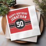 Happy Birthday Sports Stripes with Age - Red Black Napkin<br><div class="desc">Red, White and Black - This sporty and racing stripes design is perfect for any athlete playing hockey, football, soccer or baseball. You change the numbers to your lucky number or even a special age for a birthday celebration. A rugged and masculine design with an area for any Anniversary Date...</div>