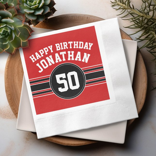 Happy Birthday Sports Stripes with Age - Red Black Napkin (Custom Party Napkins)