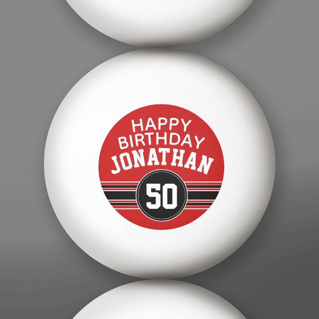 Happy Birthday Sports Stripes with Age - Red Black Ping Pong Ball (Custom Ping Pong Balls)