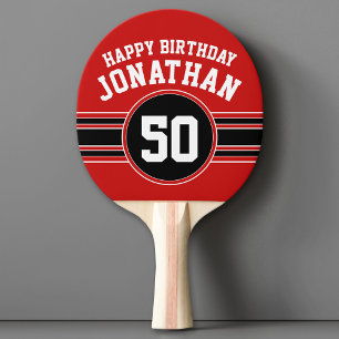 Happy Birthday Sports Stripes with Age Red Black Ping Pong Paddle