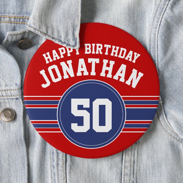 Happy Birthday Sports Stripes with Age - Red Blue 6 Cm Round Badge (In Situ)