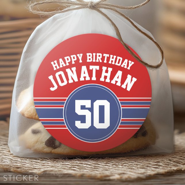 Happy Birthday Sports Stripes with Age - Red Blue Classic Round Sticker (Custom Sticker for Party Favors and Envelopes)