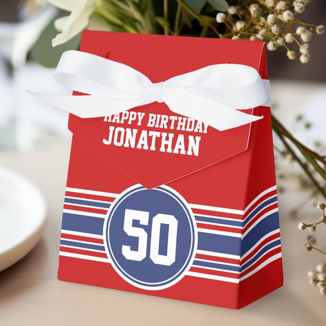 Happy Birthday Sports Stripes with Age - Red Blue Favour Box (Personalized gift box for birthday party favors)
