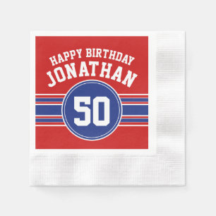 Happy Birthday Sports Stripes with Age - Red Blue Napkin