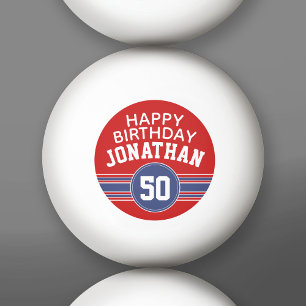 Happy Birthday Sports Stripes with Age - Red Blue Ping Pong Ball
