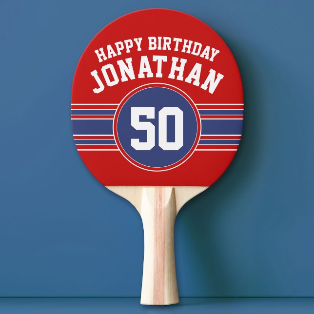 Happy Birthday Sports Stripes with Age Red Blue Ping Pong Paddle (Custom Ping Pong Paddle - Team or College colors Sports Jersey)