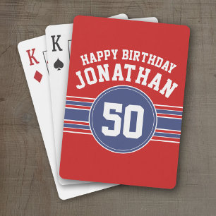 Happy Birthday Sports Stripes with Age - Red Blue Playing Cards