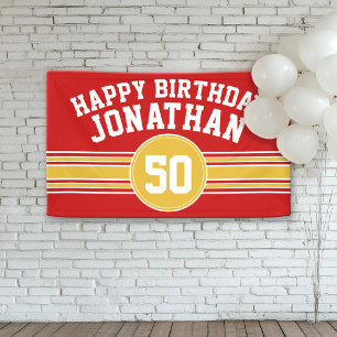 Happy Birthday Sports Stripes with Age - Red Gold Banner