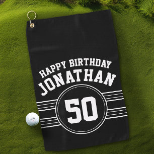 Happy Birthday Sports Stripes with Age White Black Golf Towel