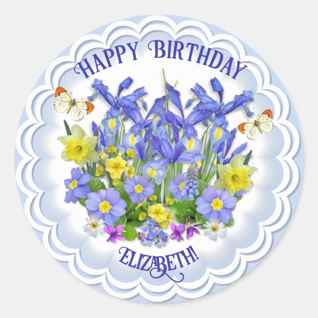 Happy Birthday Spring Flowers and Butterflies  Cla Classic Round Sticker (Front)