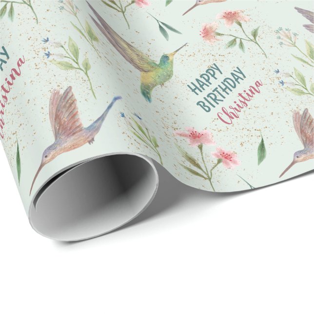 Happy Birthday Spring Flowers and Hummingbirds Wrapping Paper (Roll Corner)