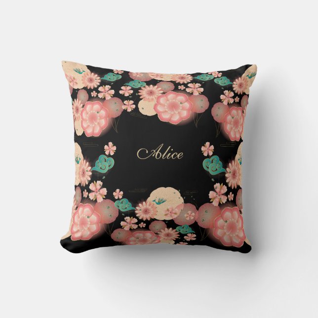 Happy Birthday Spring Peach Flower Garden Monogram Cushion (Front)