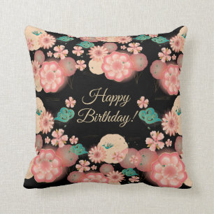 Happy Birthday Spring Peach Flower Garden Monogram Cushion