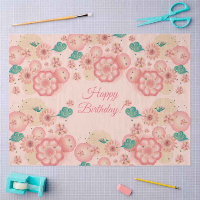 Happy Birthday - Spring Peach Flowers Garden Boho Tissue Paper (Craft)