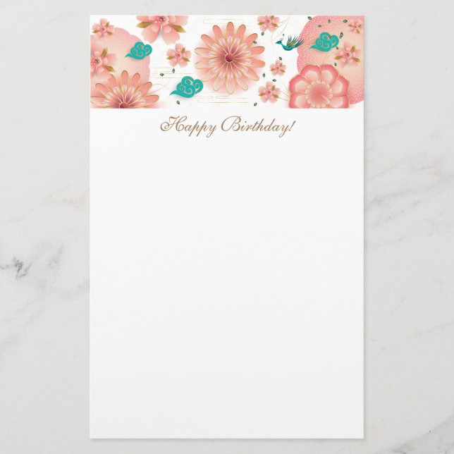 Happy Birthday - Spring Peach Flowers Garden Decor Stationery (Front)